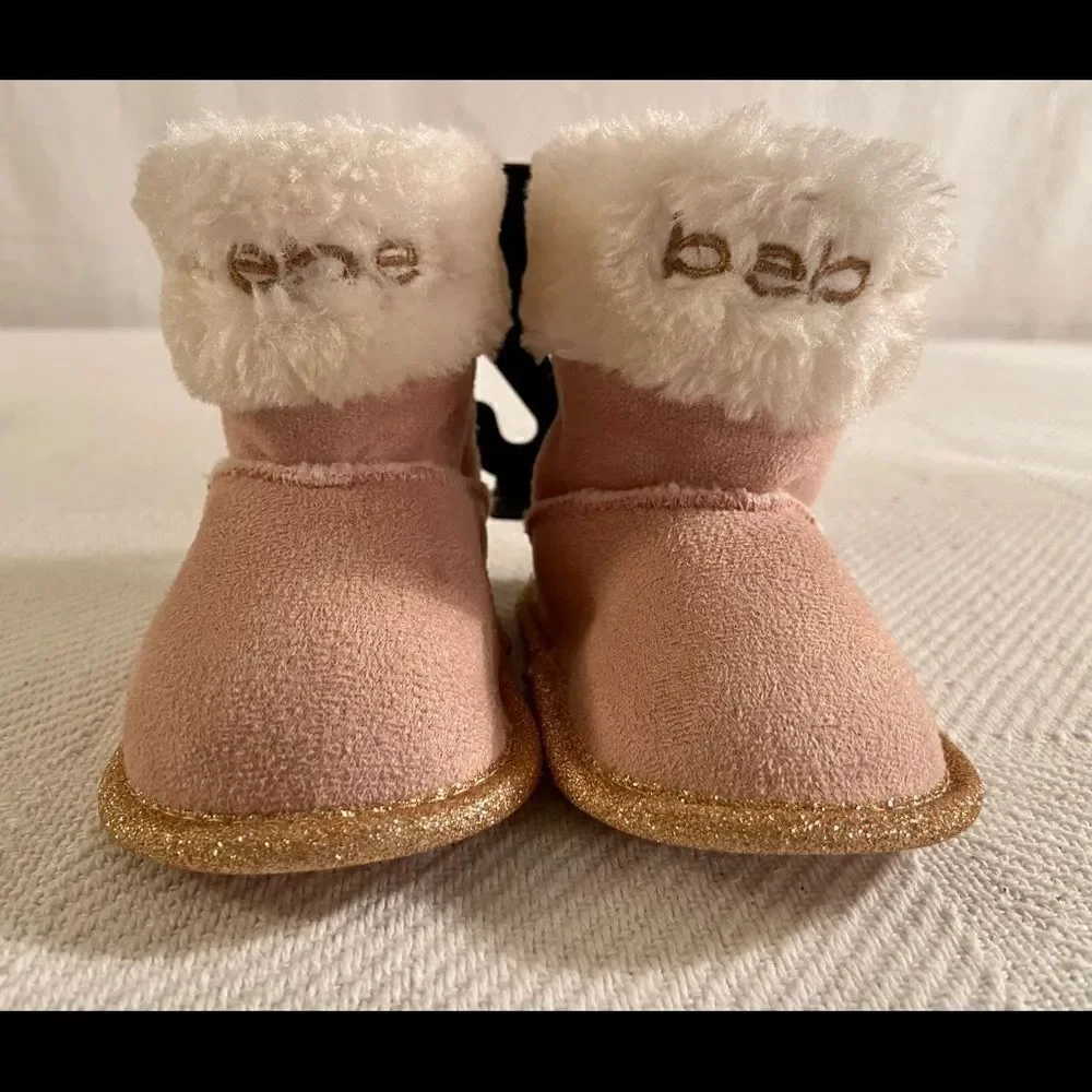 Bebe Baby Pink W/gold Glitter Trim Faux Suede Fur Lined Boots Size 2- NWT